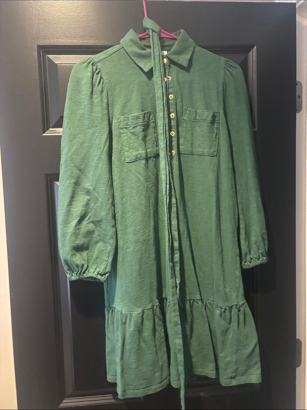 LOFT Green Button-Front Long Sleeve Dress